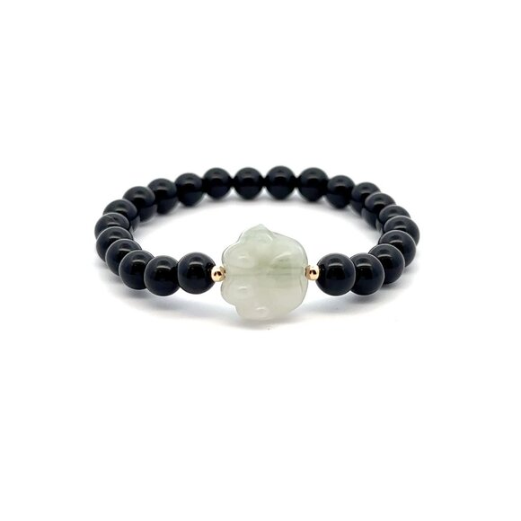 Natural Onyx Gemstones Stretch Bracelet and Carved Paw Jade with 18k Tiny Beads